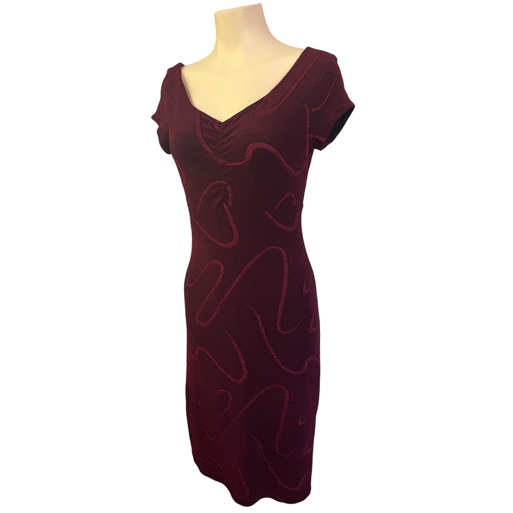 Vintage Burgundy Swirl Snake Pattern Cap Sleeve Midi Sheath Dress Wine Red